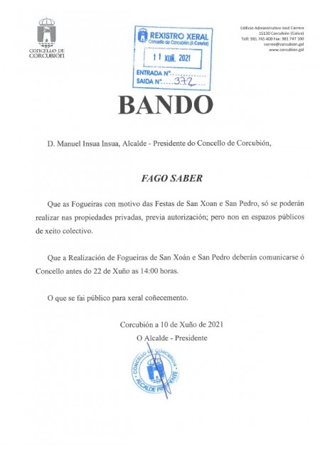BANDO: hogueras de S. Juán y S. Pedro